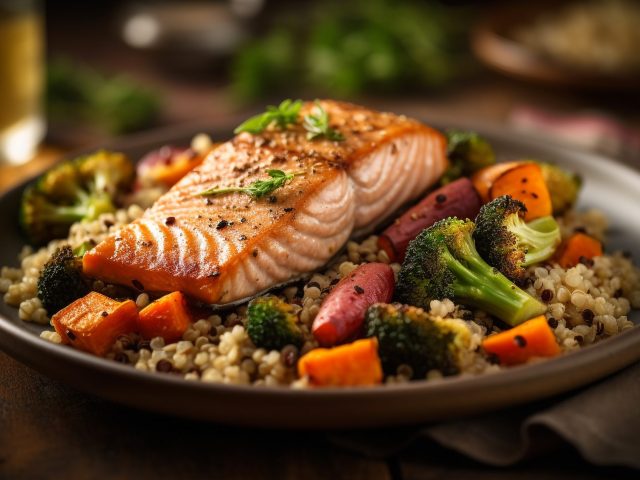 Grilled salmon fillet with fresh vegetables and salad generated by artificial intelligence